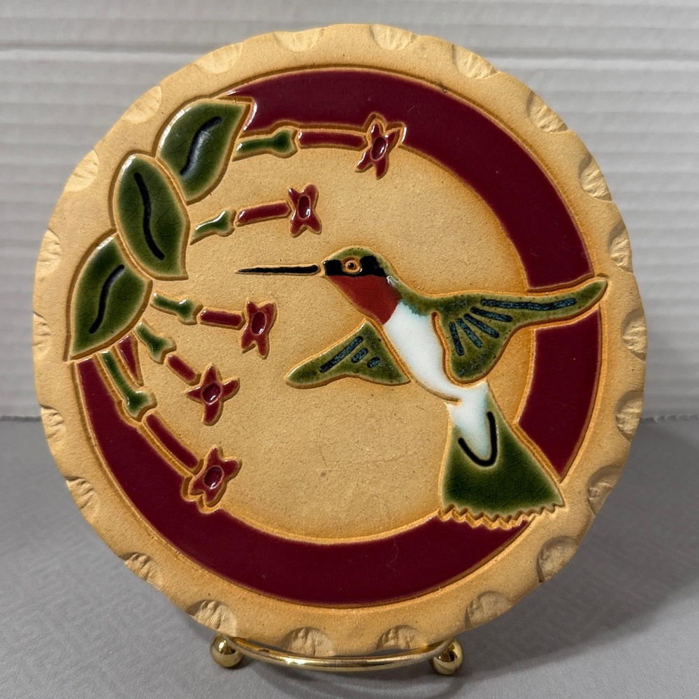 Hummingbird Stoneware Wall Art Trivet Scalloped Carved Edges Hand Glazed Signed